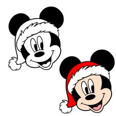 two mickey mouse heads with santa hats on their heads and one wearing a santa claus hat