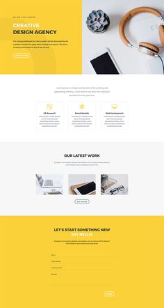 the yellow and white website design is displayed in this image, it appears to be designed for