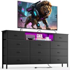 an entertainment center with a large television on it's side and a lion image on the screen