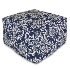 a blue and white floral print square ottoman