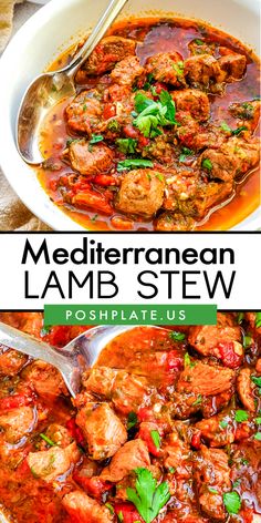 a bowl filled with meat and vegetables next to the words mediterranean lamb stew