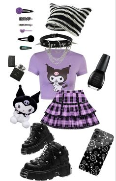 Kuromi Outfit Ideas, Kuromi Outfit, Kuromi Clothes, Sanrio Outfits, Purple Gloves, Rave Fits, Kitty Clothes, Hello Kitty Clothes