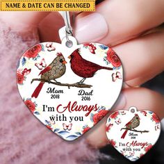 two red birds on a white heart shaped keychain with name and date can be changed