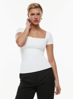 CONTOUR SQUARENECK SHORTSLEEVE HIP T-SHIRT | Aritzia Aritzia Shirt, Aritzia Top, Feel Nothing, Color Contour, Aritzia Tops, Nothing More, Bra Straps, Hoodie Top, Second Skin