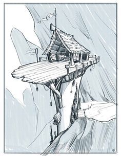 a drawing of a house on top of a hill in the rain with a bridge leading to it