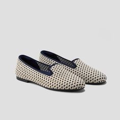 Audrey Round-Toe Woven Knit Loafer in Navy Cream Ivory Geometric | VIVAIA Embroidery Patterns, Embroidered Loafers, Shoes Flats Sandals, Sneaker Heels, Mesh Bag, Medical Professionals, Shoe Sale, Cleaning Clothes, Allergies