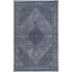 a blue and white rug with an intricate design on the middle, in front of a white background