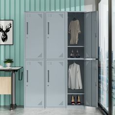 a room with two lockers and some shoes