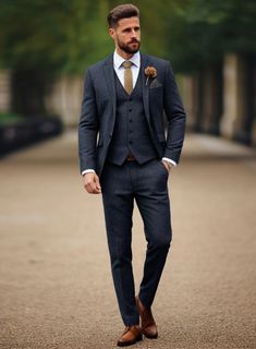 a man in a suit and tie is walking down the street with his hands in his pockets