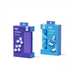 two boxes with ice cubes in them on a white background, one is blue and the other is purple