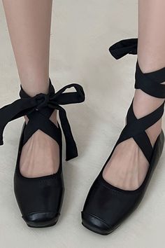 These elegant ballet flats with black ribbons are a charming addition to any wardrobe. The ballet-inspired design features comfortable slip-on styling and versatile color options, making them perfect for both casual and dressy occasions. Tie the ribbons for a custom fit and a graceful finishing touch to your outfit Black Ballet Flats With Ribbon, Dark Balletcore, Shoes Platform Boots, Find Aesthetic, Ballet Flats Black, Ballet Core, Ballet Clothes, Ballet Class, Shoes Platform