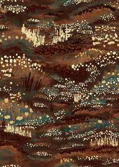 an abstract painting with white dots on brown and blue colors is featured in this image