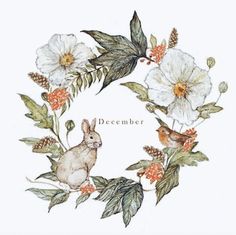 a watercolor drawing of flowers and rabbits with the words december written in it's center