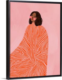 an orange and pink painting with a woman's face on it