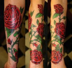 two tattoos with roses on both arms and legs, one is red and the other has green leaves