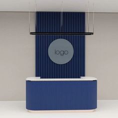 a blue and white reception counter with the google logo on it