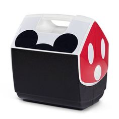 a black and white box with mickey mouse ears on it's side, sitting in front of a white background