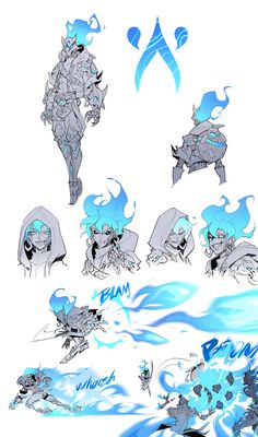 some blue and white art work for the game overwatcher character sheet, with different poses