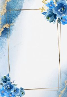 blue flowers with gold frame on watercolor background