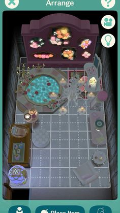 an overhead view of a bathroom with flowers on the floor