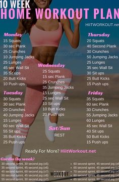 the 10 week home workout plan is shown in pink and white with an image of a woman