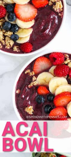 two bowls filled with fruit and granola