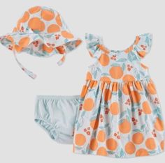 NEW Just One You by Carters 3 Piece Peach Print Dress w/ Hat  Size 9 Months New with tags No returns accepted - priced to sell quickly Listing Tar Clothing 2486 Feel free to contact me with any questions   RETURN POLICY: In following the guidelines from EBAY, if you need to return an item, it must be returned in the same condition in which it was received and it must include all tags (if item was new). If the returned item does not have original tags (if item was new) or damaged during return sh Playful Orange Dress For Spring, Playful Orange Spring Dress, Playful Peach Spring Dress, Fitted Apricot Summer Dress, Fitted Summer Dress In Apricot Color, Playful Peach Summer Dress, Spring Orange Cotton Dress, Cute Peach Beach Dress, Orange Cotton Dress For Spring