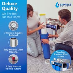 a man and woman are working on a water heater with the words, deluxe quality get the best for your home