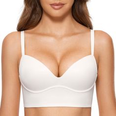 PRICES MAY VARY. Ultra soft cups give you buttery feel, keeping you comfortable all day Add 1.5 cup pushup pads for great support and cleavage-enhanced look Wirefree bralette without the pain of wires digging in Elastic longline underband with hook and eye closure Convertible straps for criss cross or traditional wear Plunging neckline shows more cleavage under deep v clothes DOBREVA most comfortable push-up bras are available now. Don't miss out! Lounge Bra, Comfy Bra, Corset Bra, Vs Bras, Push Up Pads, Bralette Top, Basic Wear, Comfortable Bras, Everyday Bra