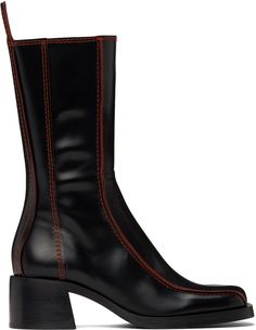 Handcrafted mid-calf buffed calfskin boots in black. · Square toe · Zip closure at inner side · Concealed elasticized gusset at collar · Pull-tab at heel · Padded memory foam insole · Vegetable-tanned buffed leather lining · Scalloped detailing at welt · Stacked leather midsole and block heel · Treaded rubber sole · Contrast stitching in orange · Heel: H2 Supplier color: Black Low Heel Mid Calf Boots, Knee High Black Boots Leather, Miista Boots Styled, Kitten Heel Black Boots, Block Heel Boots Outfit, Boots No Heel, Miista Boots, Black Square Toe Boots, Mid Calf Leather Boots