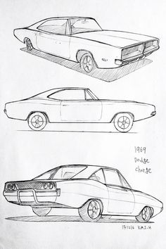 three different cars are shown in this drawing