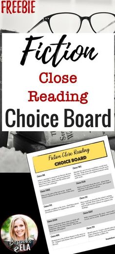 the fiction close reading choice board with glasses on top and text that reads fiction close reading choice