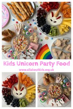 kids unicorn party food is displayed on plates