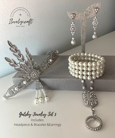 "Great Gatsby jewelry and 1920s jewelry (inspired on Daisy Buchanan's): 1920s headpiece, Gatsby pearl bracelet, Gatsby headpiece, feather headband, art deco earrings, pearl necklaces, Great Gatsby necklace, broochs, sequined shawl ... All Gatsby accessories to complete your Roaring 20s outfit or your flapper dress. Perfect for a 1920's party, vintage weddings, a vintage inspired bride (Art deco) or even Downton Abbey themed party. BRACELET: It is decorated with lots of sparkling rhinestones and 20s Accessories Jewelry, 1920s Accessories Aesthetic, 1920 Jewelry Gatsby, The Great Gatsby Jewelry, 20s Jewelry Accessories, 20’s Jewelry, Great Gatsby Earrings, The Great Gatsby Prom Dresses, Gatsby Bracelet