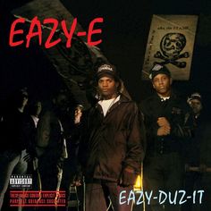 two young men standing next to each other in front of a sign that says eazy e