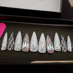 Brand New Custom Long Stiletto Press On Nails I Purchased Off Of Etsy. Beautiful White With Silver Accents & Rhinestone Nails Would Keep But Purchased The Size Medium And Should Have Purchased A Large. So My Mistake Is Your Gain. If Any Questions Please Feel Free To Ask (See Photos For For Exact Medium Measurements.) Nwot Stiletto Chrome Nails, Gemstone Nail Designs, Stiletto Press On Nails, Stilleto Nails Designs, New Year Nail, My Mistake, Art 2024, Long Stiletto, New Year's Nails