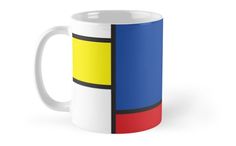 a white coffee mug with a multicolored design on the front and sides, sitting against a white background