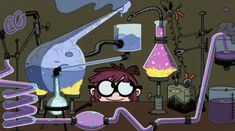 a cartoon character is surrounded by science equipment