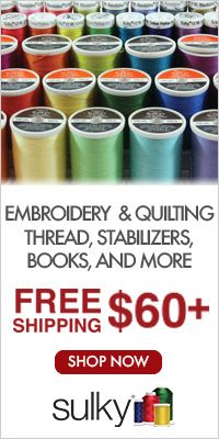 an advertisement for sulky embroidery and quilting threads, books, and more