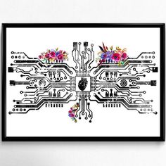 a computer circuit with flowers on it