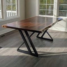 Jasper Table on Steel Double Y Legs - Loewen Design Studios Black Walnut Table, Live Edge Tables, Walnut Table Top, Custom Tables, Walnut Live Edge, Hardwood Table, Wood Table Design, Steel Dining Table, Big Table