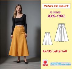 a woman in a black top and yellow skirt is standing next to a wall with the text paneled skirt 15 sizes xxs - 10xl