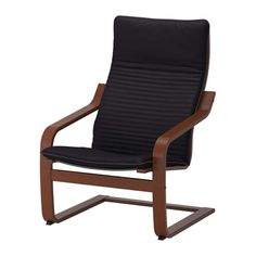 a wooden chair with black leather upholstered on the back and armrests