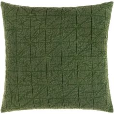 a green pillow with pleated edges and a square design on the front, sitting on a white background