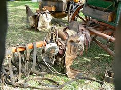 an old horse drawn carriage sitting in the grass