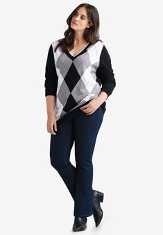 Argyle pattern on front. V-neckline with roll detail. Long sleeves. Approx. 30" hits below hipFabric: 100%percnt; cotton knitMachine wash coldImported Argyle Sweater Vest, Argyle Pattern, Argyle Sweater, Woman Within, Plus Size Sweaters, Swimsuits For All, Sweater Black, Cotton Sweater, Types Of Shirts