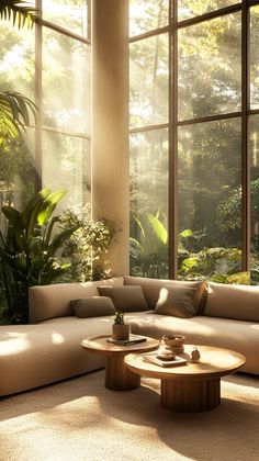 a living room filled with lots of furniture and large windows overlooking the trees in the forest