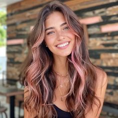 Rose Gold Streaks In Black Hair, Brunette With Light Pink Highlights, Pink Hair Dye Highlights, Color Hair Ideas Pink, Light Pink Hair On Brunette, Brunettes With Pink Highlights, Long Hair Pink Highlights, Brunette Hair With Pink Money Piece, Pink In Brown Hair Highlights