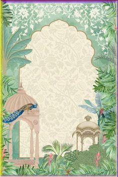 a card with an image of a peacock and gazebo in the middle, surrounded by tropical