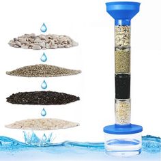 a blue bird feeder filled with water and sand next to three different types of birds